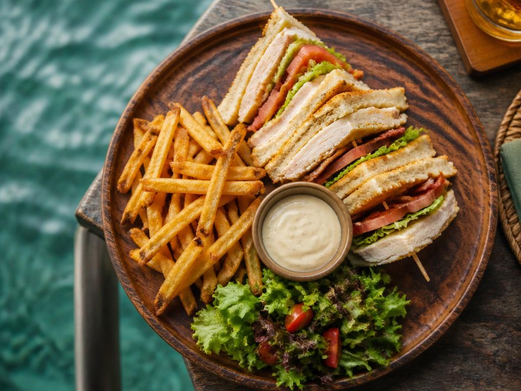 The Boathouse club sandwich with fries and dipping sauce