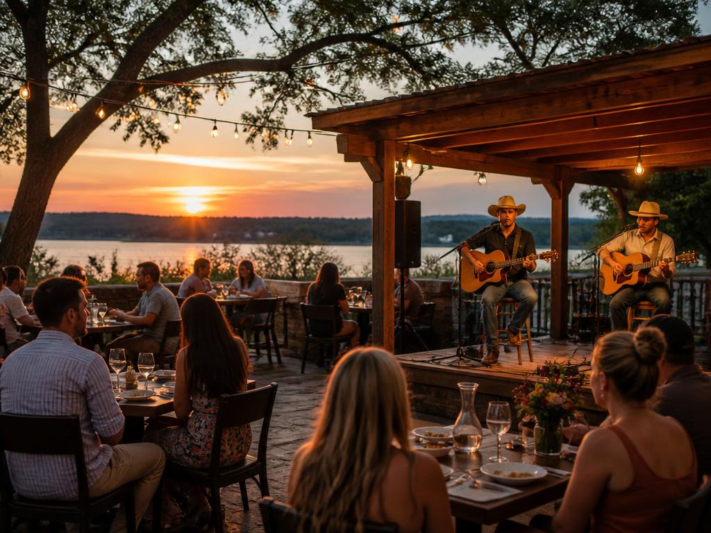 Live acoustic music performance on the outdoor patio at sunset