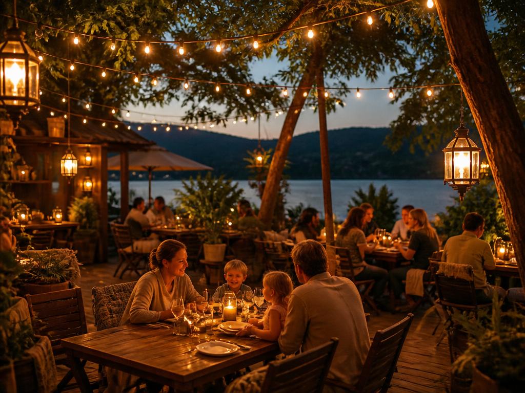 Outdoor patio at The Boathouse on Lavon with string lights and lake views
